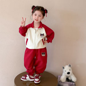 Girls Cartoon Jacket Set Spring Summer New Style Childrens Sportswear Two-Piece Suit School Uniform Gift Cotton Polyester Blend