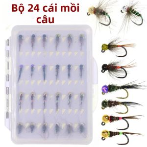 Bimoo 24 Chiếc Hạt Vonfram Đầu Jig Nymph Flies Kit Nhanh Chìm Ướt Châu Âu Perdigon Nymph Cho Cá Hồi Greyling Mồi Câu Cá