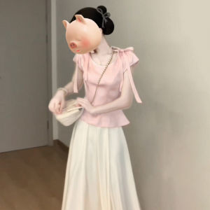 Y6Y | Pink Bow Short Sleeve French Chic Waist-Cinching Puff Sleeves Shirt