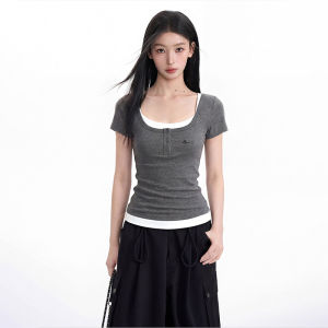 BAIDAIFEI | Gray Faux-layered U-neck Short Sleeve T-shirt