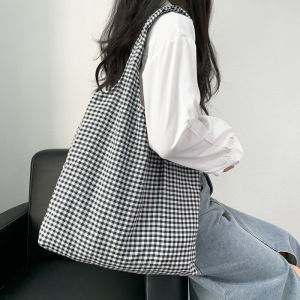 2024ลายสก๊อตศิลปะMinimalistสดLadyน่ารักRetroแฟชั่นผ้าใบลําลองกระเป๋ากระเป๋าถือขนาดใหญ่สําหรับเยาวชน