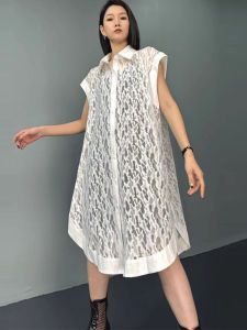 XITAO Hollow Out Lace Sleeveless Shirt Dress Single Breasted Simplicity Temperament Irregular 2024 Summer  Dress WLD20136