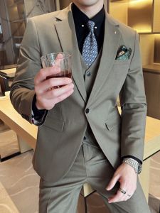 Gray Green Mens Suiting Set Casual Drapey Commute British Style Spring Autumn High Fashion Simple Design Formal Dress Code