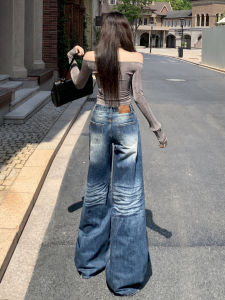 Retro Wide Leg Jeans Womens Low Waist Slimming Loose Straight Floor-Length Pants Casual Cotton Denim Vintage Pattern