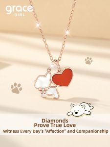 Grace Girl | Luxurious Style Heart-Shaped Dog Diamond Necklace White Shell Agate