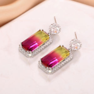 Huitan Aesthetic Rainbow Stone Women Drop Earrings Special Design Shiny CZ Party Anniversary Elegant Accessories Jewelry Gift