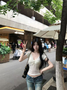Elegant V-Neck Knot T-Shirt Women Slim Fitting White Short Sleeve