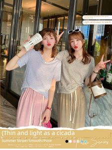 Unique Loose Ice Silk Cotton Linen Stripe T-Shirt Women Short Sleeve V-Neck Thin Summer New Style Korean Fashion Commute
