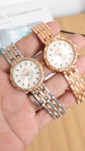 Jam Tangan Wanita Rantai Tiga Jarum Body Bulat Knop Gerigi Free Box Dan Baterai Cadangan