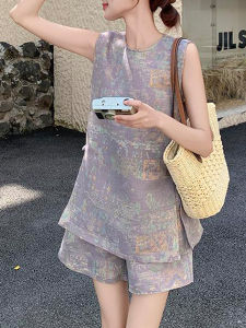 Shalldoer | New Chinese Style Gradient Round Neck Sleeveless Vest Casual Short Pants Two-Piece Set Women Summer Fashion Traditional Pattern