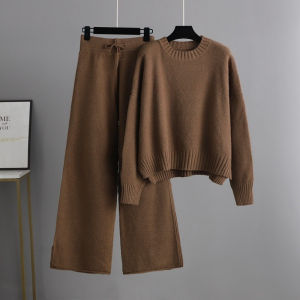 Autumn Winter Women Knit Solid Color Sweater Two-piece Pants Set Fashion Pullover Leisure Loose Two Piece Sets Womens Outifits