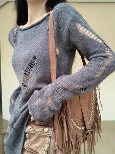 ไหล่เดียวถักฝรั่งเศส เสื้อสเวตเตอร์ ผู้หญิง ฤดูร้อน ลำลอง Hole เด็กผู้หญิง Hot-Looking Hollow Out ไหล่แขนยาว หลวม Fit เสื้อท่อนบน