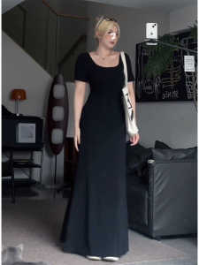 Plus Size Fancy Temperament Square Collar Skimming Small Black Dress Womens Summer New Arrival Hepburn Style Silm Mid Length Long Length Dress