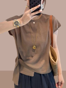 Shalldoer | เสื้อยืดแขนสั้นผู้หญิง ทรงหลวม ทรงปกติ คอตั้ง สีพื้น แฟชั่นฤดูร้อน ทรงบาง ระบายอากาศได้ดี แขนกระดิ่ง เสื้อผ้าทำงาน