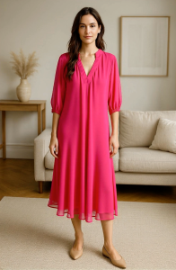 Women Silk Elegant V-Neck Long Sleeve Autumn Long Dress