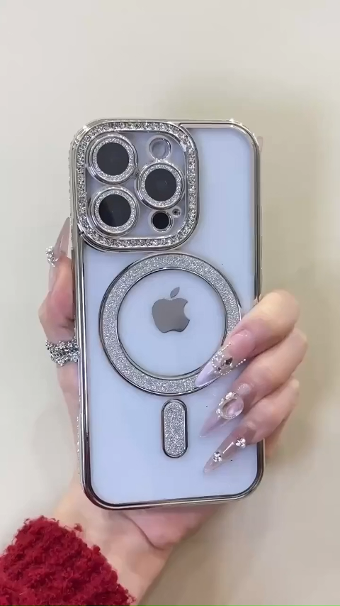 Plating Bling Transparent Bumper case for iphone 16 15 14 13 12 11 Pro Max Shockproof Magnetic case iPhone 11 12 13 14 15 16 pro max 14 15 16 plus with Diamond Lens Protective case