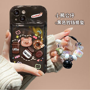 เคสโทรศัพท์มือถือแบบปิดกลับพร้อมกระจกและปุ่มติดตัวต่อสำหรับ iPhone 14 pro Max 13 XR/XS ลายหมีกาแฟ ป้องกันการตกหล่น
