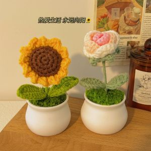 Handmade Crochet Sunflower Potted Plant Decorative Fake Flower Creative Desktop Finished Product Rose Wool Decoration Gifts