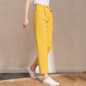 Tiiwgjiy | กางเกงทรงสลิมฟิตเอวสูงสีเหลือง กางเกงขายาวทรงหลวมสไตล์ฮาราจูกุสำหรับผู้หญิง ทรงสลิมฟิต กางเกงขายาวทรงตรง