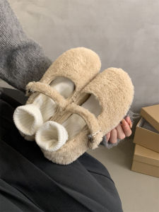 Elegant Fur Mary Jane Single Shoes Womens Winter Outdoor Wear 2023 New French Vintage Fairy Style Fleece Lined Low Heel
