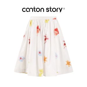 Cantonstory | French White Floral Flared Skirt Female Slimming