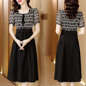 Impression Fashion Women Elegant French Chiffon Print Square Collar Short Sleeve Tunic High Waist A-line Plus Size Midi Dress