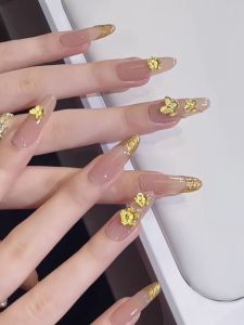Golden Handmade Wear Nail French Golden Classy Nail Nude Color Prolate Ellipse Elegant Wedding Nail Detachable