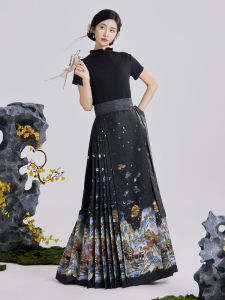 Qianye Original Hanfu 2024 Autumn Winter New Style Commute Daily Woven Gold Floral Horse Tailed Skirt Womens Traditional Costume