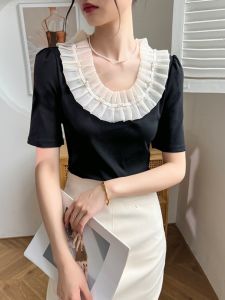 Black Pearl Lace Short Sleeve Base Shirt Womens Summer 2025 New Style Slim Fit Inner Wear T-Shirt Casual Style Pure Color