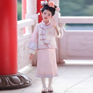 Spring Autumn Girls Cheongsam Ethnic Minority Full Tang Costume Traditional Classical Style Childrens Clothing Qing Dynasty Full Tang Costume