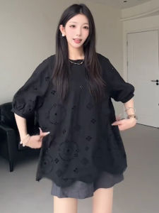 Áo Sơ Mi Nữ Tay Ngắn Dáng Rộng Màu Đen Thiết Kế Khoét Rỗng Mùa Hè Cỡ Lớn Che Giấu Mỡ Cơ Thể Tạo Hiệu Ứng Thon Gọn