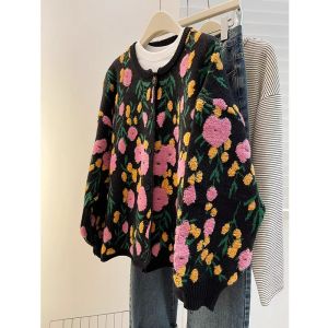 Japanese-Style Retro Embroider Flocking Flower Sweater Knitting Cardigan Female Winter Loose Fancy Super Nice Thickened Outwear