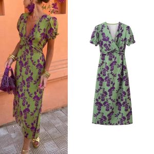 Spring 2025 New Womens Fashionable Elegant Waist-Cinching V-neck Short Sleeve Print Midi Dress Clean Fit Linen Regular Sleeve