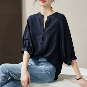 YAOMUHUA | French Elegant Stand Collar Loose Slimming Blouse 7/8 Sleeve
