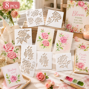 8Pcs Rose Stencils Reusable PET DIY Painting Templates Flower Craft Stencils for Wood Sign Canvas Wall Card Scrapbook Decor