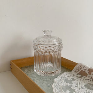 INS โหลใส่ของแก้วแบบนูนสไตล์ฝรั่งเศสแนววินเทจของตั้งโชว์ตกแต่งบนโต๊ะกล่องเก็บสำลีก้านสำหรับแต่งหน้าพร้อมฝาปิด