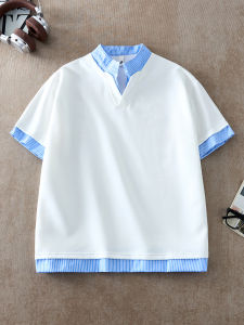 OUMULONG | Color Block V Neck Polo Shirt Mens Summer Stripe Splice Casual Loose Short Sleeve