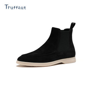 Truffaut Mens Chelsea Boots Casual Britsh Style Short Boots Calfskin Leather Winter Shoes Warm round Toe Flat Heel Rubber Sole