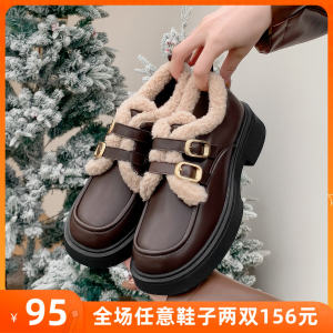 Womens Fleece Lined Genuine Cowhide Loafers Thick Bottomed Autumn Winter Shoes British Style Cotton Shoes Size 41 to 43