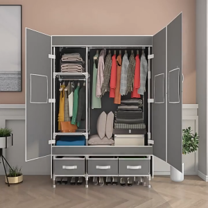 EL Minimalist Double Door Wardrobe | Integrated Cabinet with Drawers | Large Capacity Bedroom Clothes Storage Cabinet | for Small Spaces
