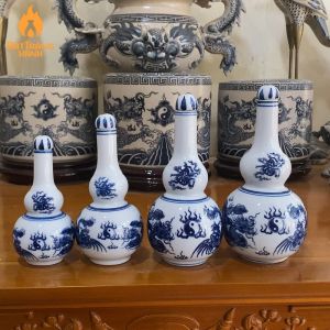 4 Cỡ Nậm Rượu Thờ Cúng 2 Bầu Men Lam Men Trắng Chuẩn Bát Tràng