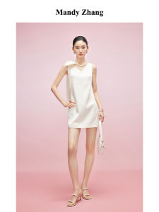 Elegant Petal Shoulder Sleeveless Short V-Neck Satin Dress