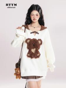 Htym Bear Holiday ปัก คอวี เสื้อฮู้ด ผู้หญิง ฤดูใบไม้ผลิ ฤดูใบไม้ร่วง เสื้อหมวกชั้นฐาน เสื้อท่อนบน แจ๊กเก็ต หวาน สไตล์โรงเรียน