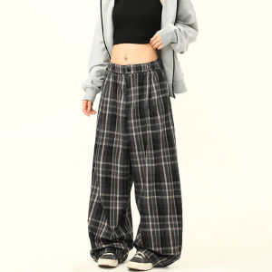 High Waist Plaid Pants Womens Loose Straight Leg Slimming Wide Leg Floor Length Trousers Original Design Street Style Casual Pants