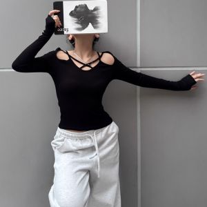 Áo Len Dệt Kim Tay Dài Màu Đen Gợi Cảm Cho Nữ Mùa Xuân Thu Thiết Kế Thanh Lịch Ngắn Tay Áo Sơ Mi Thanh Lịch Chất Liệu Cotton