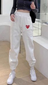 Spring Summer New Womens Long Casual Pants High Waist Cotton Knitted Sweatpants Love Heart Embroidery Wide Leg Sports Trousers