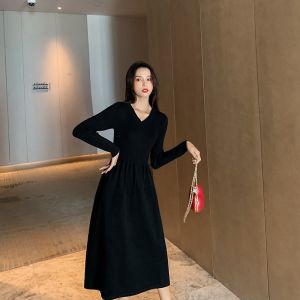 French Style Knitted Dress Womens Long Sleeve High Waist A-Line Midi Dress Inner Wear Sweater Skirt Commute Korean Style