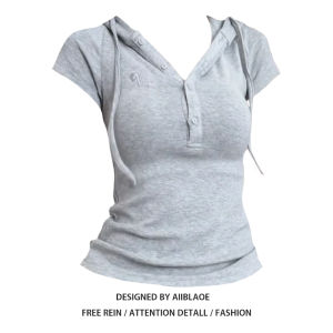 Áo Thun Nữ Tay Ngắn Cổ Chữ V NASA American Sweet Spicy Bé Gái Thiết Kế Ôm Vừa Vặn Eo Thon Gọn Vai Áo Thun Cotton Mùa Hè