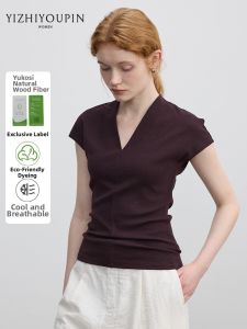 Simple V-neck Capped Sleeves Cooling Feel Slimming Versatile T-Shirt