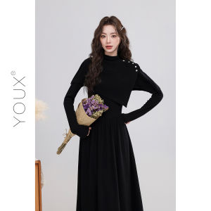 YOUXIANG | Đầm Bọc Phong Cách Pháp Đen Thanh Lịch Dáng Không Quy tắc Buộc eo Mùa Thu